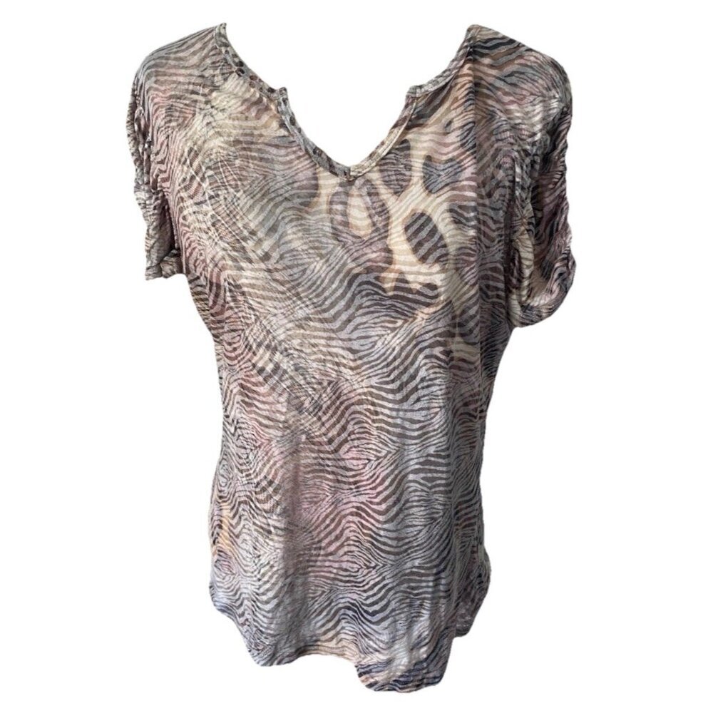 Y2K Cubism Top XL Burnout Semi-Sheer Artsy T-Shirt Ruched Sleeve Neutral Stretch